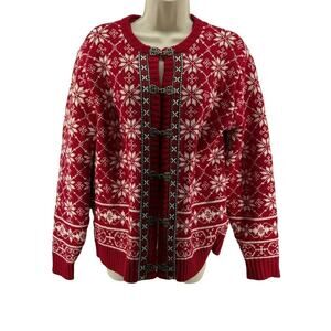 Vintage Casual Corner Red Cream Wool Cardigan Pewter Clasp Womens Medium